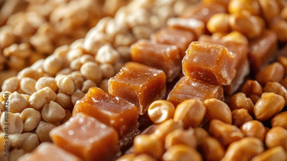 Crispy candy bits featuring peanuts and caramel in a close-up view highlighting texture and color variations Crispy candy bits featuring peanuts and caramel in a close-up view highlighting texture and color variations