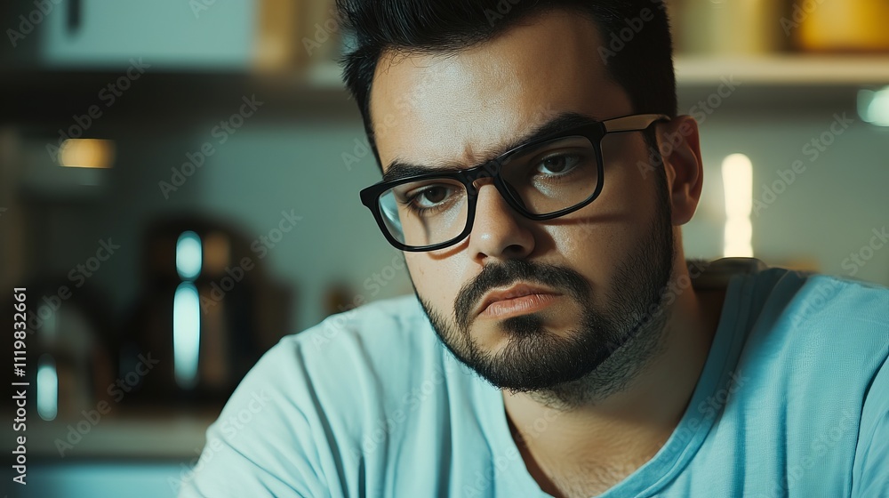 Close-up of a Pensive Man in a Kitchen Setting Close-up of a Pensive Man in a Kitchen Setting