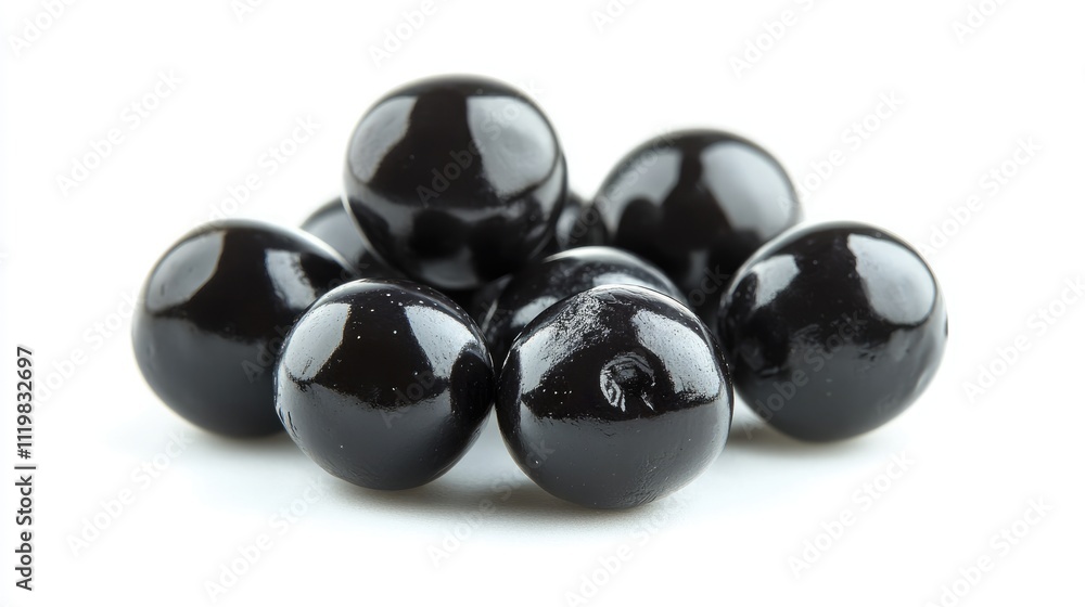 Black olives gathered on a white background showcasing their glossy texture and rich color ideal for food and culinary concepts. Black olives gathered on a white background showcasing their glossy texture and rich color ideal for food and culinary concepts.