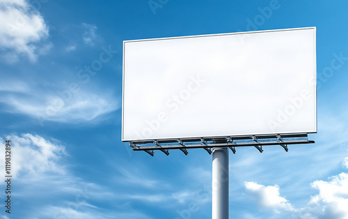 blank white billboard stands tall against bright blue sky with clouds, perfect for advertising photo