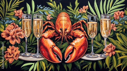 A vibrant illustration featuring a lobster with champagne glasses amidst tropical foliage. photo