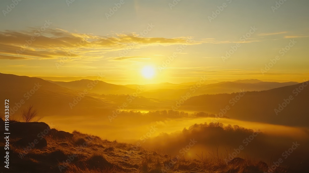 Obraz premium Golden sunrise landscape over Lake District hills from Loughrigg Fell with misty valleys and warm light illuminating the countryside.