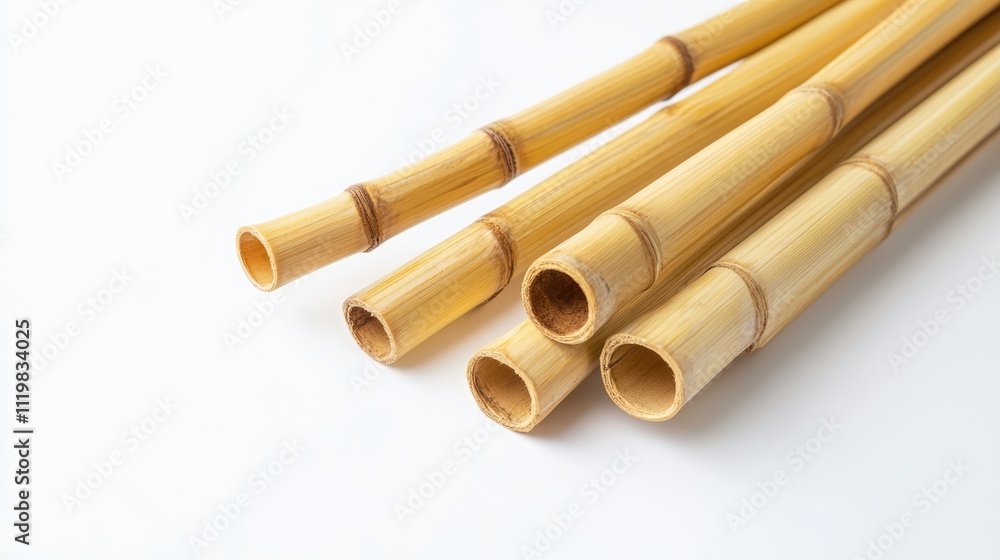 Bamboo straws arranged on a white background highlighting eco-friendly materials for sustainable living and environmental conservation Bamboo straws arranged on a white background highlighting eco-friendly materials for sustainable living and environmental conservation
