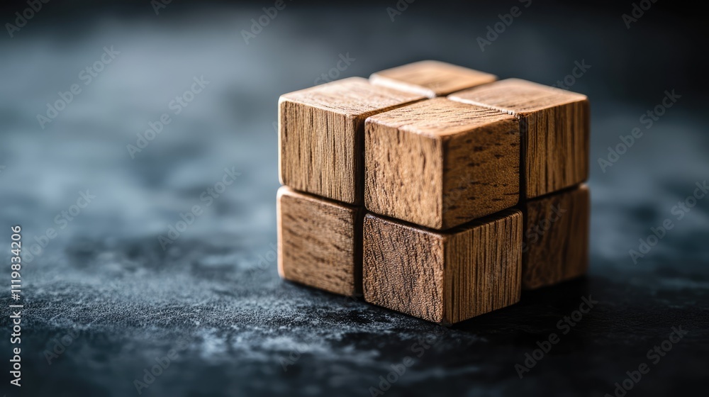 Wood blocks arranged on a dark surface symbolizing artificial intelligence technology and machine learning concepts in a futuristic setting. Wood blocks arranged on a dark surface symbolizing artificial intelligence technology and machine learning concepts in a futuristic setting.