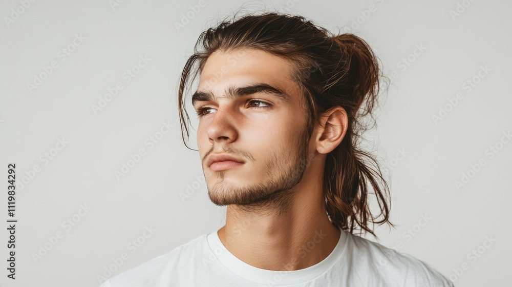 Young man with ponytail showcasing a serious expression against a minimalist white background conveying focus and determination. Young man with ponytail showcasing a serious expression against a minimalist white background conveying focus and determination.