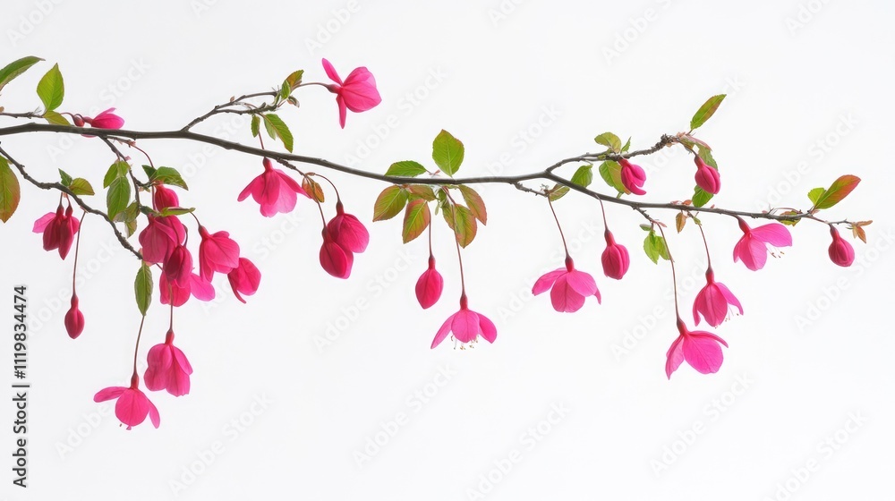 Naklejka premium Fuchsia floral branch with delicate blooms and green leaves against a minimalist white background for serene nature compositions