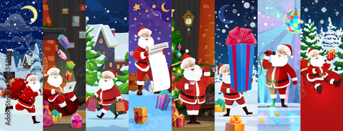 Cartoon Christmas Santa characters collage. Vector festive scenes with father Noel personage delivering gifts, performs on stage, reading scroll with wish list and celebrating Xmas holiday traditions