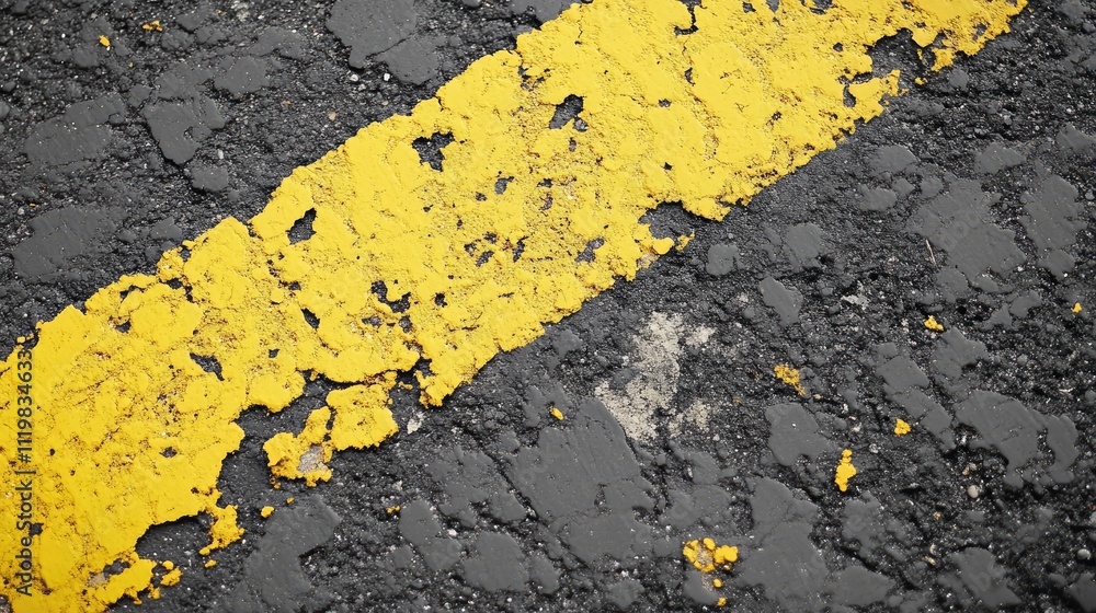 Old painted asphalt texture with yellow road marking close up showcasing grunge style and distressed surface for design and text applications. Old painted asphalt texture with yellow road marking close up showcasing grunge style and distressed surface for design and text applications.