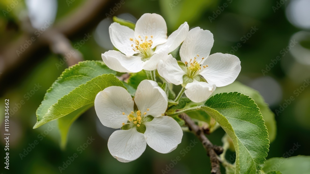 Delicate white apple blossoms in full bloom against a softly blurred green background during springtime season. Delicate white apple blossoms in full bloom against a softly blurred green background during springtime season.