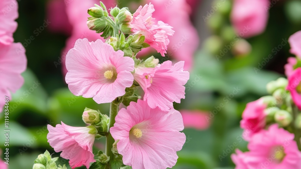 Vibrant pink hollyhock flowers blooming in a summer garden setting showcasing nature's beauty and floral diversity Vibrant pink hollyhock flowers blooming in a summer garden setting showcasing nature's beauty and floral diversity