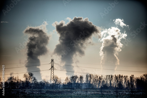 Industrial emissions billow from smokestacks against a partly cloudy sky.  Power lines stretch across a frosty landscape. photo