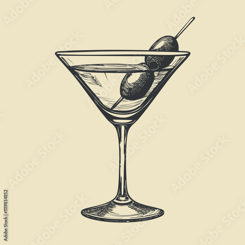 Martini Cocktail Hand Drawn. Summer Cocktail Drink Vector Illustration.