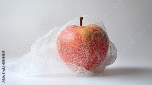 Fresh apple protected with cushioning net for safe transportation and presentation in packaging design and fruit marketing concepts photo