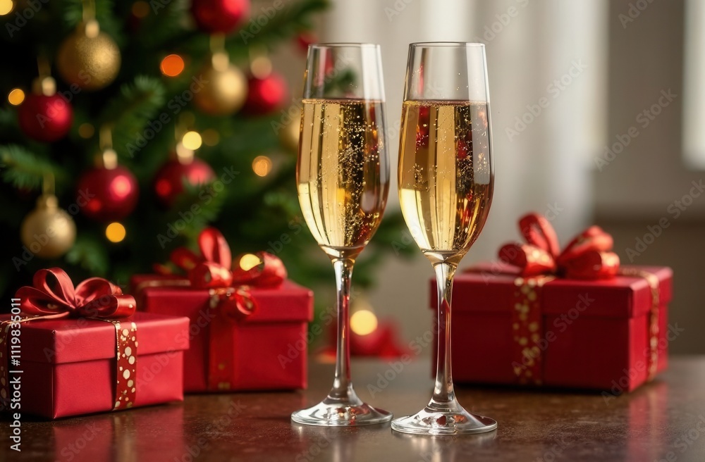 Two glasses of champagne sit on a table by a Christmas tree Two glasses of champagne sit on a table by a Christmas tree