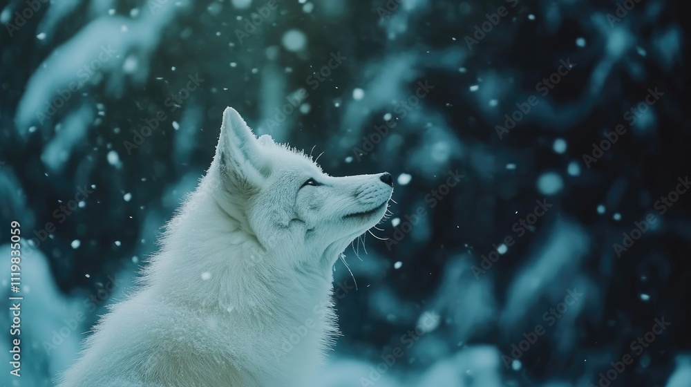Arctic white fox under a snowfall showcasing its fur and serene expression in a wintry landscape Arctic white fox under a snowfall showcasing its fur and serene expression in a wintry landscape