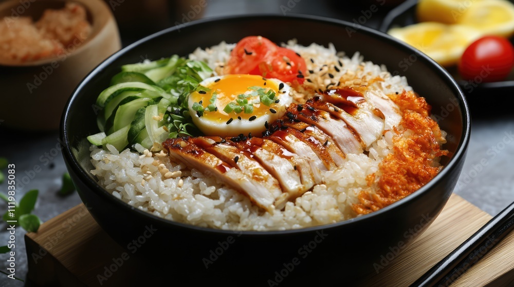 Delicious Bowl of Boiled Rice Topped with Chicken Egg Vegetables and Sauce on a Dark Table Delicious Bowl of Boiled Rice Topped with Chicken Egg Vegetables and Sauce on a Dark Table