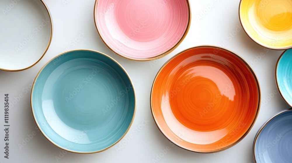 Colorful ceramic plates arranged artistically on a white background showcasing vibrant hues and elegant design for culinary display. Colorful ceramic plates arranged artistically on a white background showcasing vibrant hues and elegant design for culinary display.