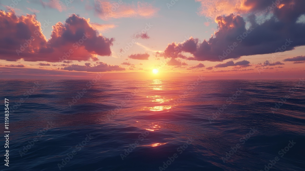 Fototapeta premium Tranquil sunset over calm ocean waters with vibrant clouds reflecting colorful hues in the sky creating a serene coastal atmosphere