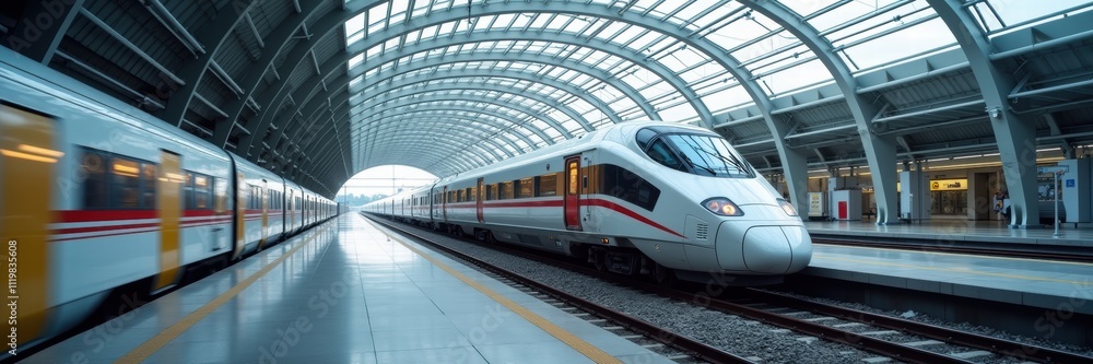 Naklejka premium A sleek, modern train at a spacious, high-tech train station, showcasing advanced transportation and architectural design in action.