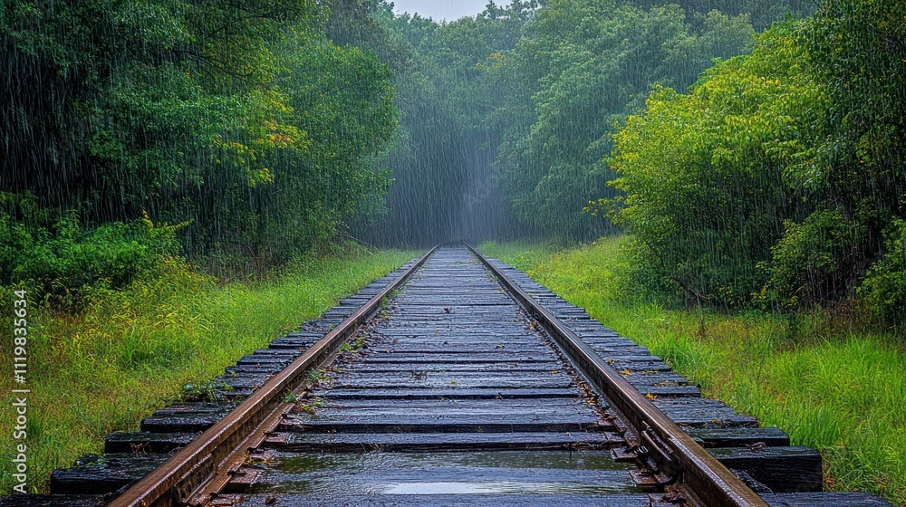 Fototapeta premium A serene view of rain-soaked railway tracks surrounded by lush greenery.