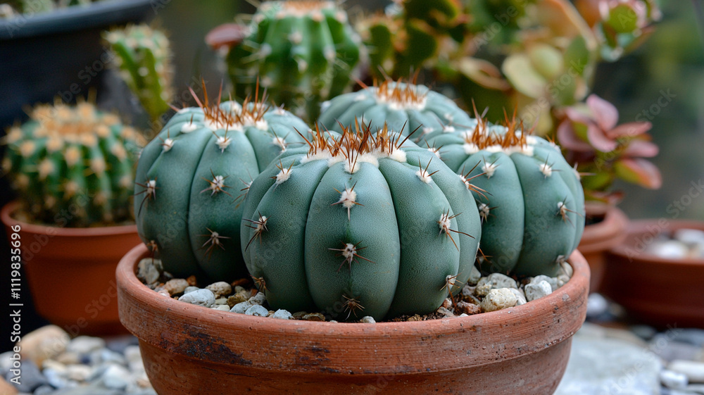 Cacti in terracotta pot, showcasing unique shapes and textures Cacti in terracotta pot, showcasing unique shapes and textures