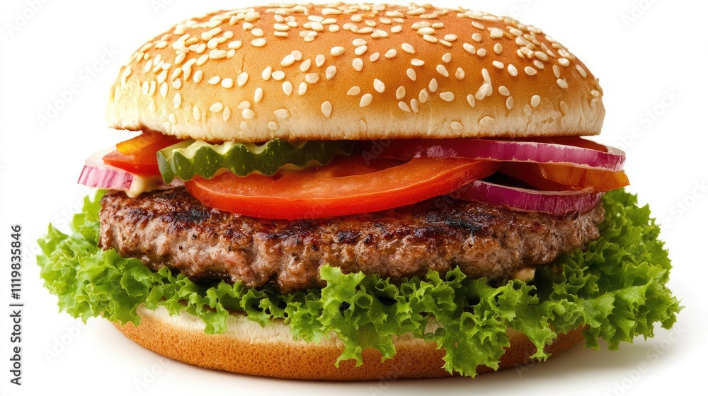 Delicious juicy hamburger with fresh vegetables and sesame seed bun isolated on white background Delicious juicy hamburger with fresh vegetables and sesame seed bun isolated on white background
