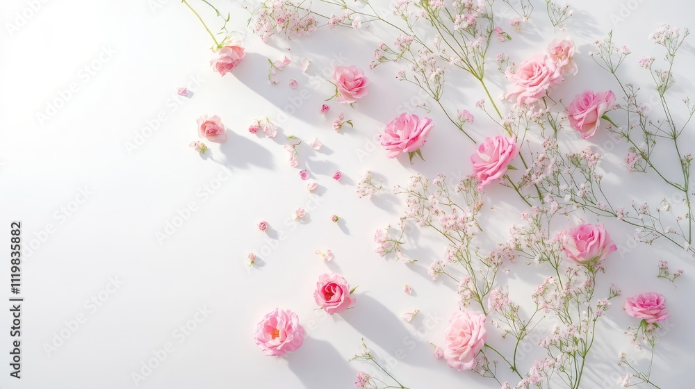 Delicate pink roses and baby breath flowers artfully arranged on a white background perfect for romantic occasions and greeting card designs Delicate pink roses and baby breath flowers artfully arranged on a white background perfect for romantic occasions and greeting card designs