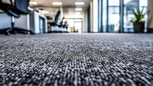 Intricate patterns and colors of office carpeting highlighted.