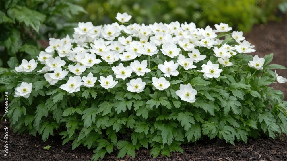 Anemone canadensis blooming white flowers in a lush botanical garden setting showcasing vibrant greens and delicate petals. Anemone canadensis blooming white flowers in a lush botanical garden setting showcasing vibrant greens and delicate petals.