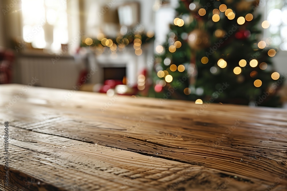 Wooden countertop table surface for product shots, in focus on foreground, blurred soft focus Christmas tree and decorated room in the background. Christmas home interior, background. Great backdrop Wooden countertop table surface for product shots, in focus on foreground, blurred soft focus Christmas tree and decorated room in the background. Christmas home interior, background. Great backdrop