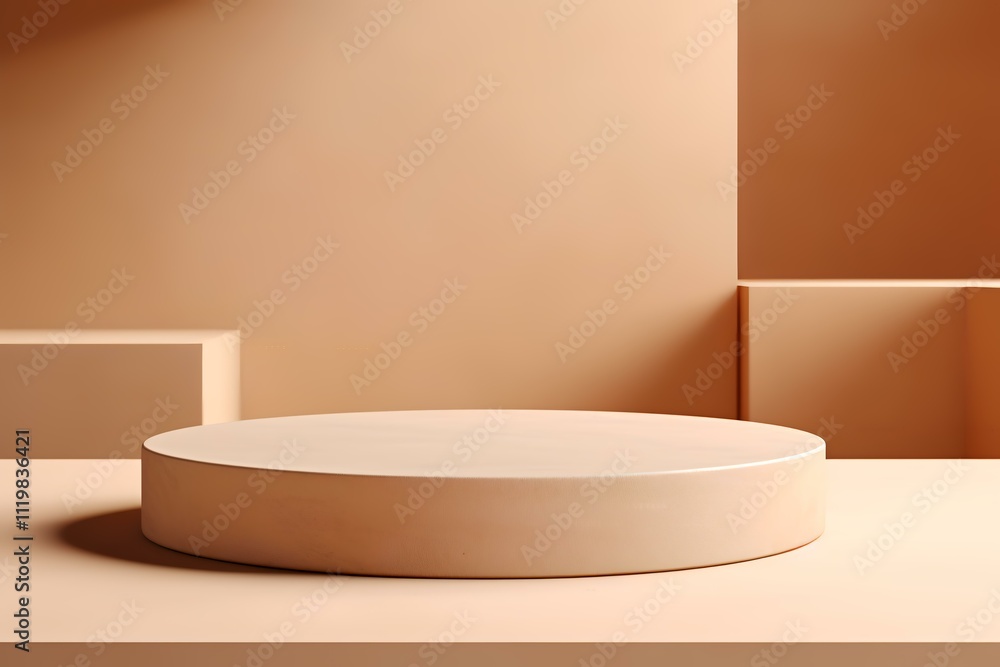 A minimalist display featuring a circular platform in warm tones against geometric backgrounds. A minimalist display featuring a circular platform in warm tones against geometric backgrounds.