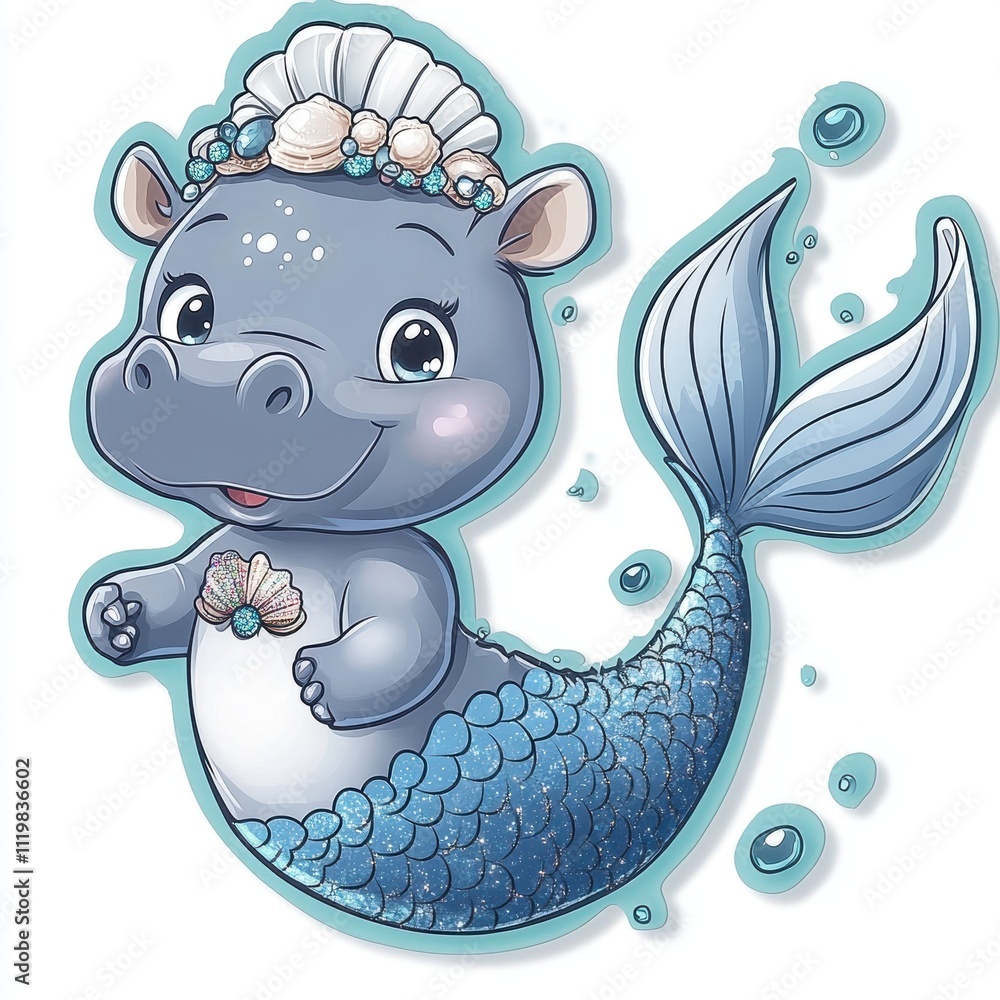 Cute cartoon baby hippo mermaid swimming in colorful underwater scene digital illustration playful environment kid-friendly art Cute cartoon baby hippo mermaid swimming in colorful underwater scene digital illustration playful environment kid-friendly art