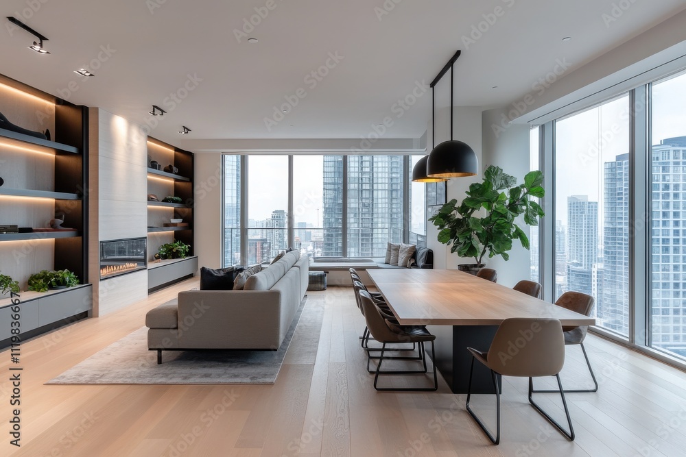 Modern open concept living room minimalist design wood flooring large windows Modern open concept living room minimalist design wood flooring large windows