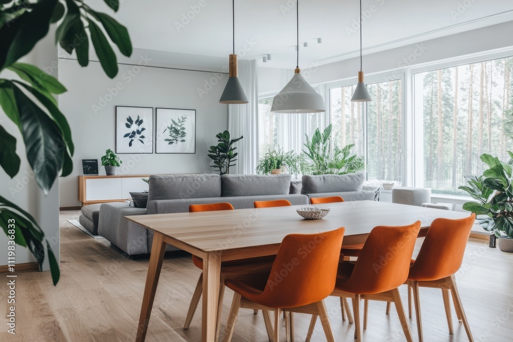 Modern open concept living space minimalist interior design wooden dining table Modern open concept living space minimalist interior design wooden dining table