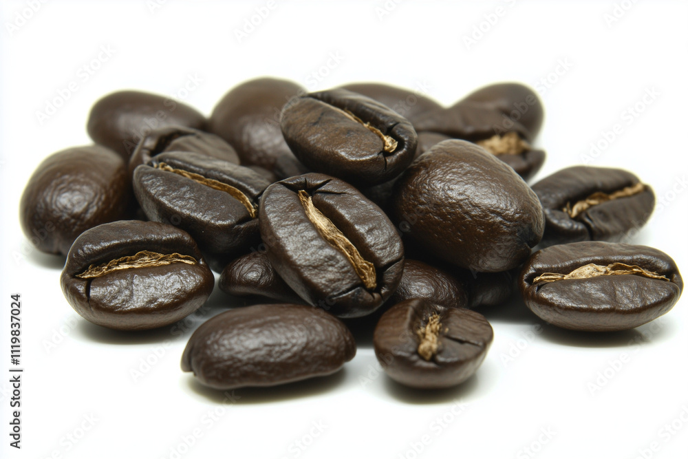 Obraz premium Close-up of shiny coffee beans arranged neatly, with copy space. Bright light. 