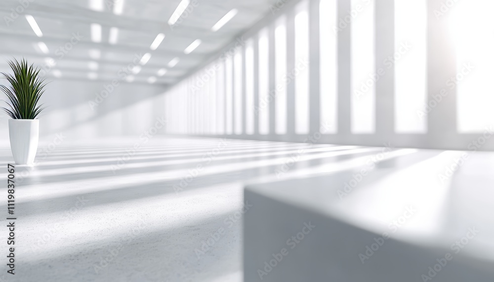 Empty Modern Office Interior with Sunlight Casting Shadows, Minimal Decor, and a Potted Plant. Empty Modern Office Interior with Sunlight Casting Shadows, Minimal Decor, and a Potted Plant.