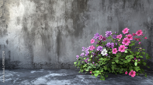 Vibrant pink and purple flowers against a textured concrete wall create a striking floral display