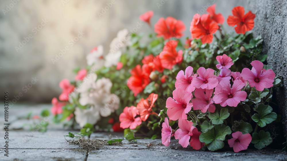 Vibrant pink and red petunia flowers blooming on a rustic stone pavement with sunlight and blurred background Vibrant pink and red petunia flowers blooming on a rustic stone pavement with sunlight and blurred background