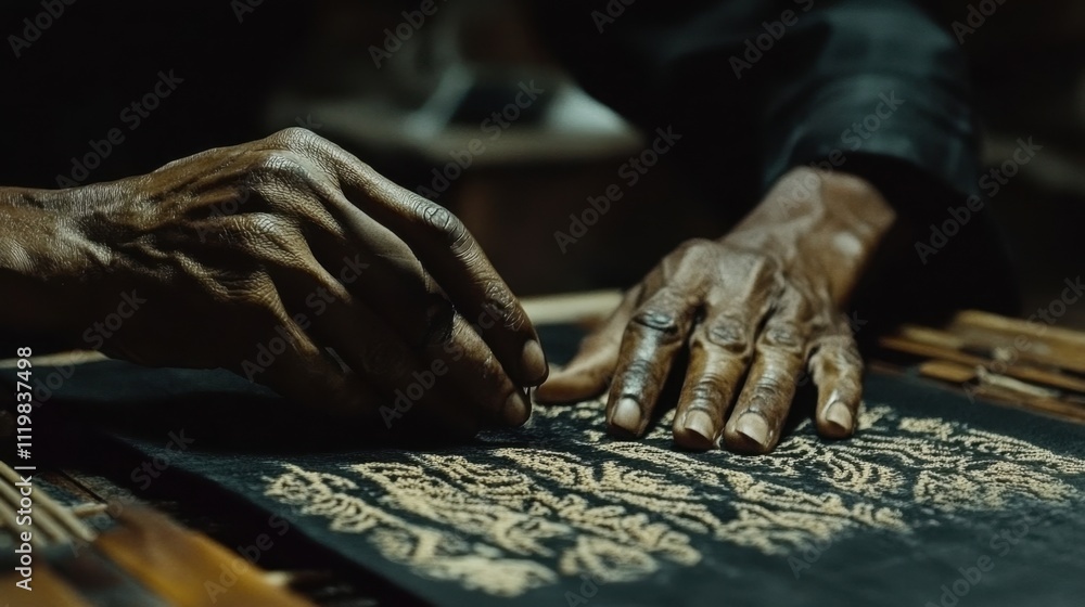 Skilled Artisan Crafting Intricate Design on Dark Textile Background Skilled Artisan Crafting Intricate Design on Dark Textile Background