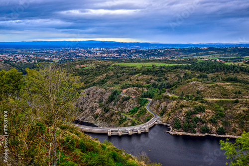 Obraz na płótnie Saint-Victor-sur-Loire, France - October 5th 2024 : View of the River la Loire from a mountain close to Saint-Victor