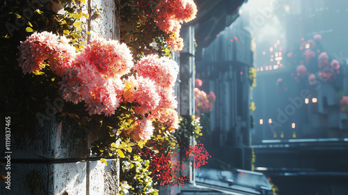 Vibrant pink hydrangea flowers in urban setting with soft sunlight and futuristic architectural backdrop photo