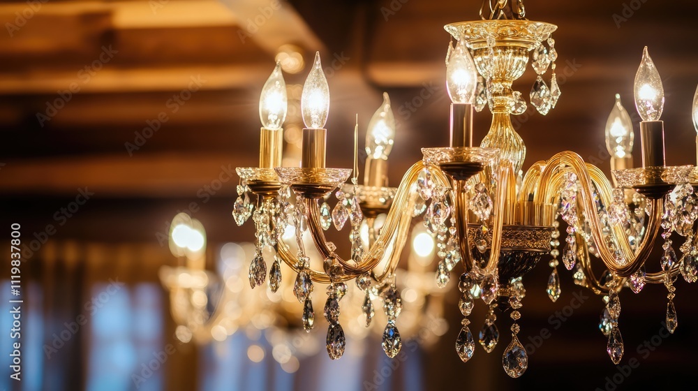 Elegant chandeliers with crystal accents illuminating a stylish hotel restaurant or home interior for a luxurious ambiance Elegant chandeliers with crystal accents illuminating a stylish hotel restaurant or home interior for a luxurious ambiance