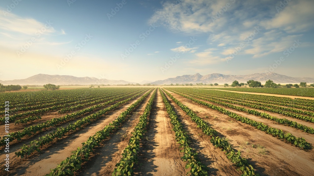 Vast Agricultural Fields in an Arid Valley with Mountains and Clear Sky Background Vast Agricultural Fields in an Arid Valley with Mountains and Clear Sky Background