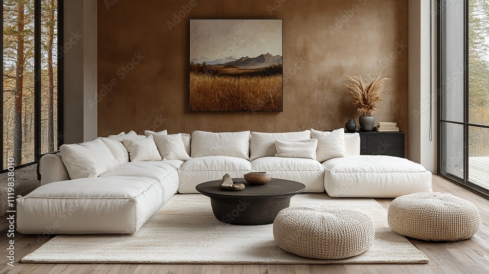 Fototapeta premium Cozy and Modern Living Room with Plush Beige Rug and L-Shaped Sofa
