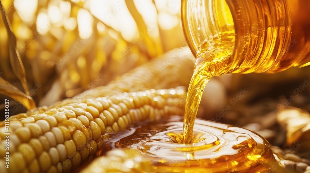 Corn syrup biofuel production showcasing liquid energy derived from corn against a warm natural backdrop related to sustainability and environment. Corn syrup biofuel production showcasing liquid energy derived from corn against a warm natural backdrop related to sustainability and environment.