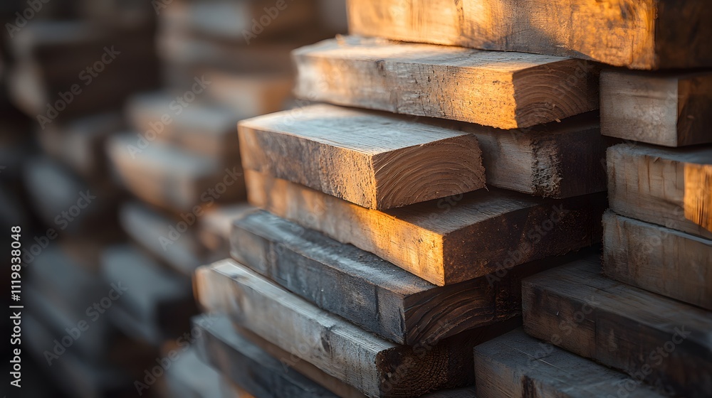 Detailed macro photography of stacked wooden planks showing natural grain texture of pine timber. Construction materials captured with warm tones and selective focus in natural lighting. Detailed macro photography of stacked wooden planks showing natural grain texture of pine timber. Construction materials captured with warm tones and selective focus in natural lighting.
