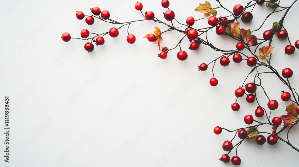 Artificial red berries branch for needlecraft wreath embellishment on a clean white background ideal for seasonal decor crafts Artificial red berries branch for needlecraft wreath embellishment on a clean white background ideal for seasonal decor crafts