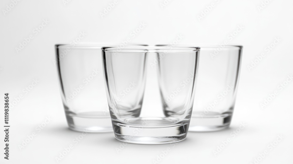 Clear glass tumblers elegantly arranged on a minimalist white background showcasing simplicity and versatility for various beverage presentations Clear glass tumblers elegantly arranged on a minimalist white background showcasing simplicity and versatility for various beverage presentations