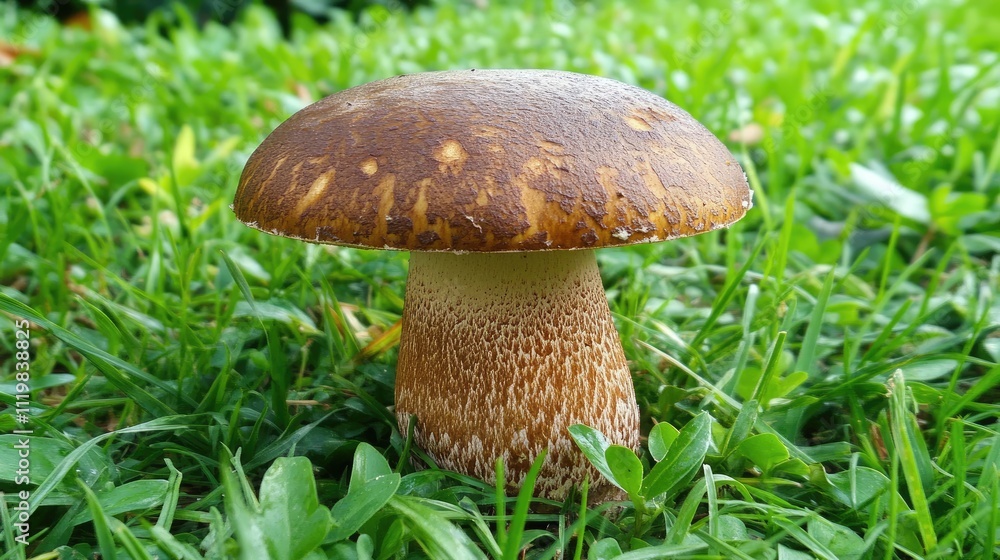 Boletus mushroom showcasing natural beauty in green grass under summer sun highlighting nature's artistry and tranquility Boletus mushroom showcasing natural beauty in green grass under summer sun highlighting nature's artistry and tranquility