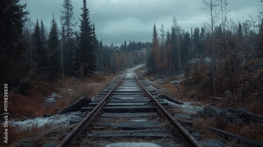 Fototapeta premium Abandoned railway tracks surrounded by a dense forest under a moody sky creating an atmospheric wilderness scene